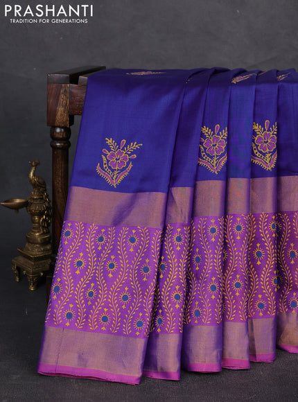 Uppada block printed silk saree blue and mild purple with butta prints and long printed zari woven border