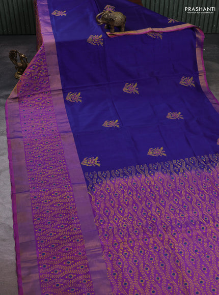 Uppada block printed silk saree blue and mild purple with butta prints and long printed zari woven border