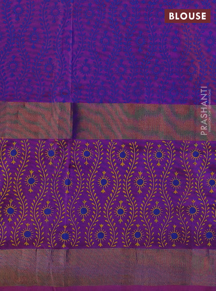 Uppada block printed silk saree blue and mild purple with butta prints and long printed zari woven border