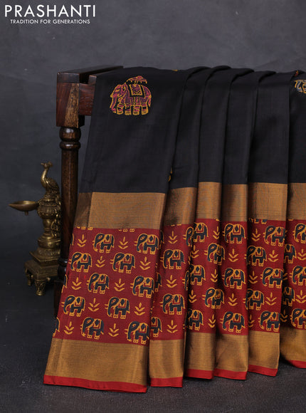 Uppada block printed silk saree black and maroon with elephant butta prints and long printed zari woven border