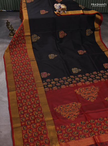 Uppada block printed silk saree black and maroon with elephant butta prints and long printed zari woven border