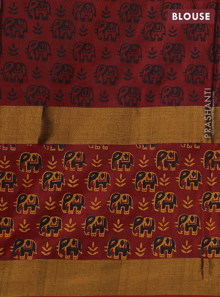 Uppada block printed silk saree black and maroon with elephant butta prints and long printed zari woven border