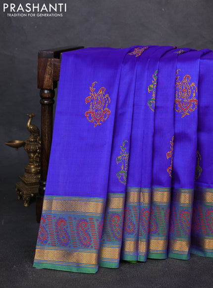 Uppada block printed silk saree royal blue and dual shade of green with butta prints and zari woven printed border