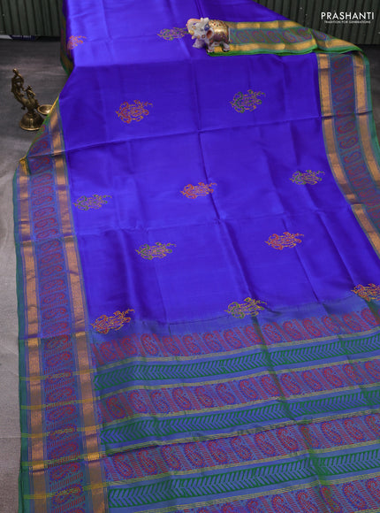 Uppada block printed silk saree royal blue and dual shade of green with butta prints and zari woven printed border