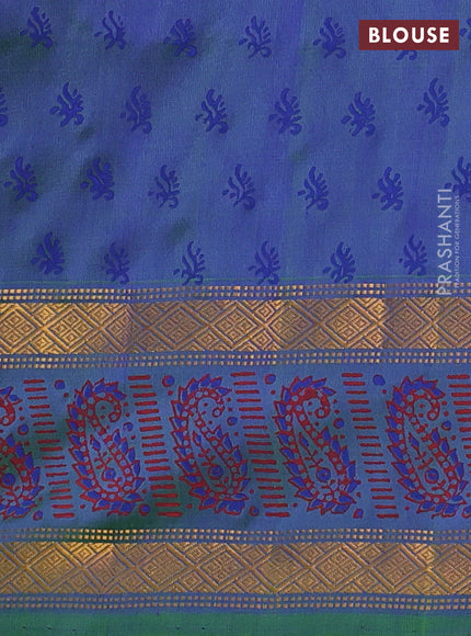 Uppada block printed silk saree royal blue and dual shade of green with butta prints and zari woven printed border