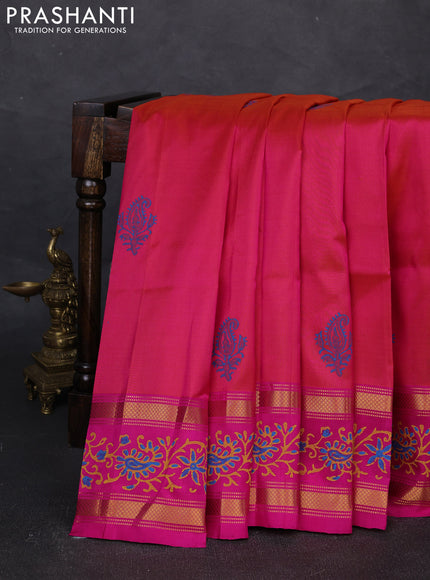 Uppada block printed silk saree dual shade of pinkish orange and pink with butta prints and zari woven printed border