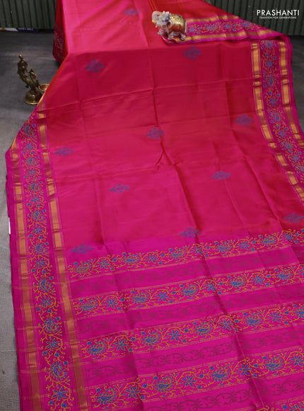 Uppada block printed silk saree dual shade of pinkish orange and pink with butta prints and zari woven printed border