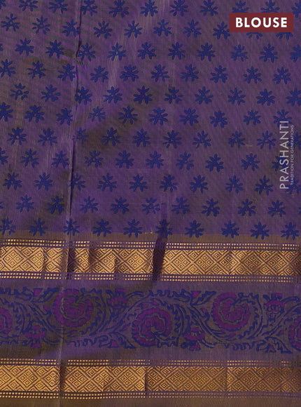Uppada block printed silk saree dual shade of bluish green and dual shade of dark mustard with butta prints and zari woven printed border