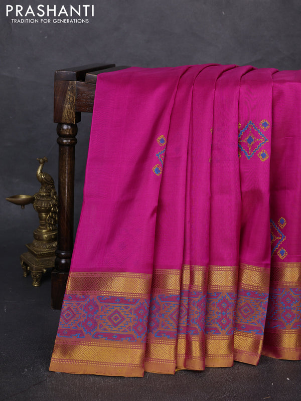 Uppada block printed silk saree pink and dark mustard with butta prints and zari woven printed border