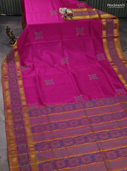 Uppada block printed silk saree pink and dark mustard with butta prints and zari woven printed border