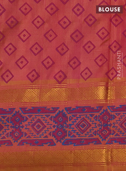 Uppada block printed silk saree pink and dark mustard with butta prints and zari woven printed border