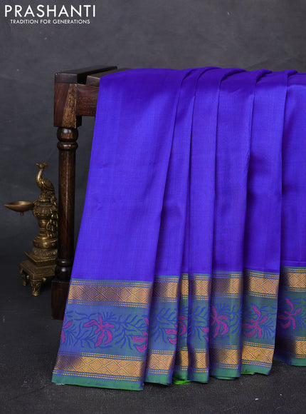 Uppada block printed silk saree royal blue and green with butta prints and zari woven printed border