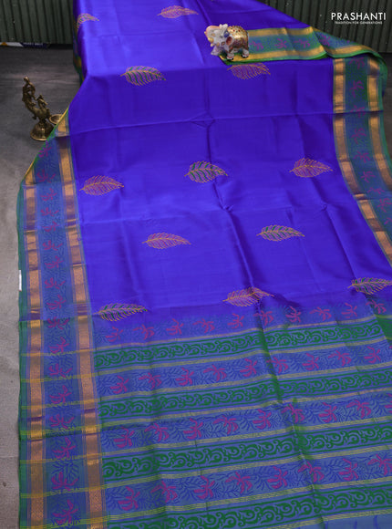 Uppada block printed silk saree royal blue and green with butta prints and zari woven printed border