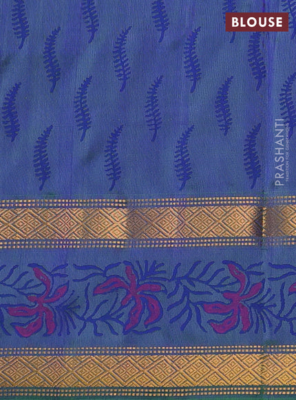 Uppada block printed silk saree royal blue and green with butta prints and zari woven printed border
