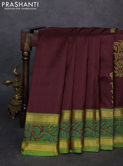 Uppada block printed silk saree deep maron and green with butta prints and zari woven printed border