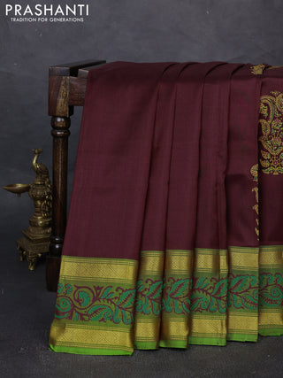Uppada block printed silk saree deep maron and green with butta prints and zari woven printed border