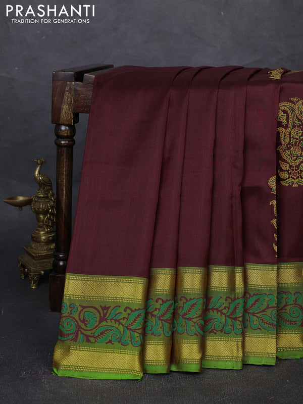 Uppada block printed silk saree deep maron and green with butta prints and zari woven printed border
