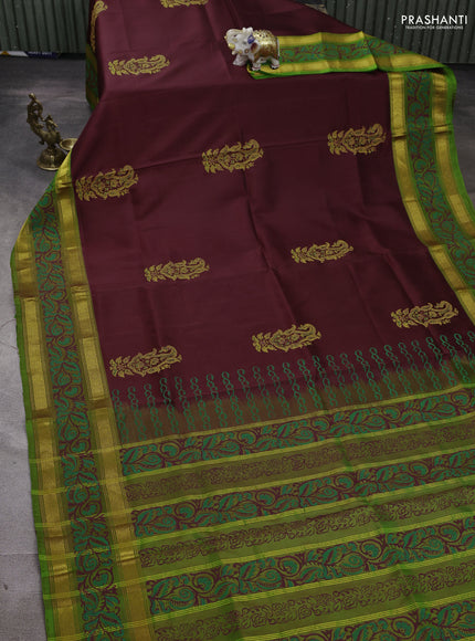 Uppada block printed silk saree deep maron and green with butta prints and zari woven printed border
