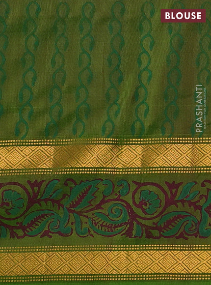 Uppada block printed silk saree deep maron and green with butta prints and zari woven printed border