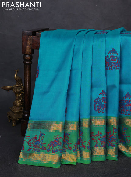 Uppada block printed silk saree teal blue and dual shade of green with elephant butta prints and zari woven printed border