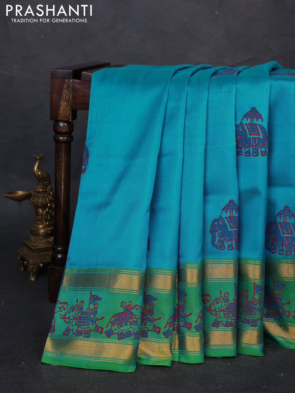 Uppada block printed silk saree teal blue and dual shade of green with elephant butta prints and zari woven printed border