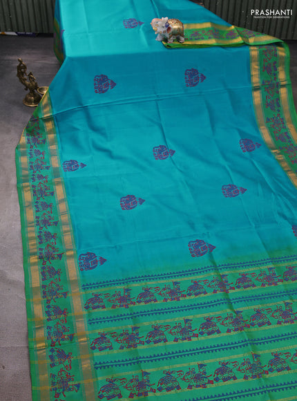Uppada block printed silk saree teal blue and dual shade of green with elephant butta prints and zari woven printed border