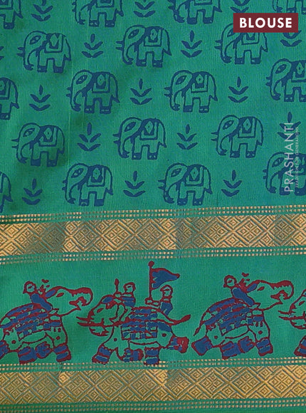 Uppada block printed silk saree teal blue and dual shade of green with elephant butta prints and zari woven printed border