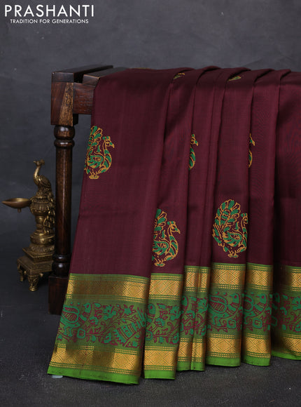 Uppada block printed silk saree deep maroon and green with peacock butta prints and zari woven printed border