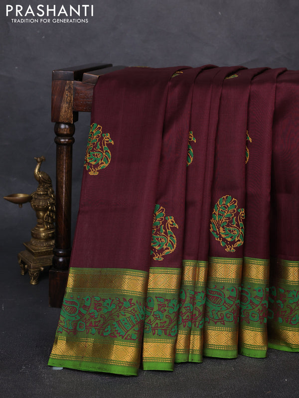 Uppada block printed silk saree deep maroon and green with peacock butta prints and zari woven printed border