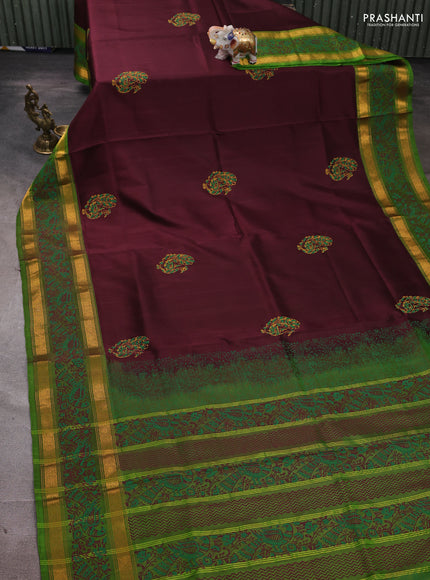 Uppada block printed silk saree deep maroon and green with peacock butta prints and zari woven printed border