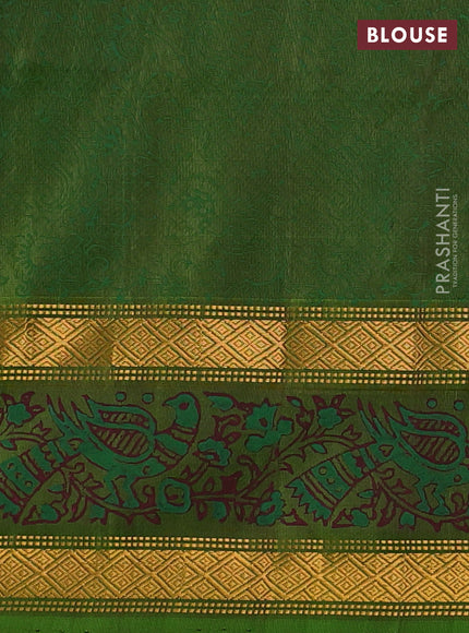 Uppada block printed silk saree deep maroon and green with peacock butta prints and zari woven printed border