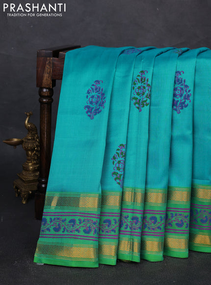 Uppada block printed silk saree teal blue and green with butta prints and zari woven printed border