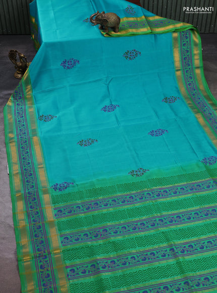 Uppada block printed silk saree teal blue and green with butta prints and zari woven printed border