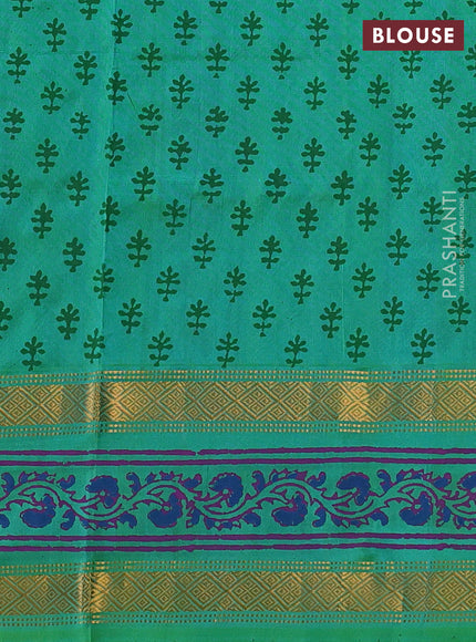 Uppada block printed silk saree teal blue and green with butta prints and zari woven printed border