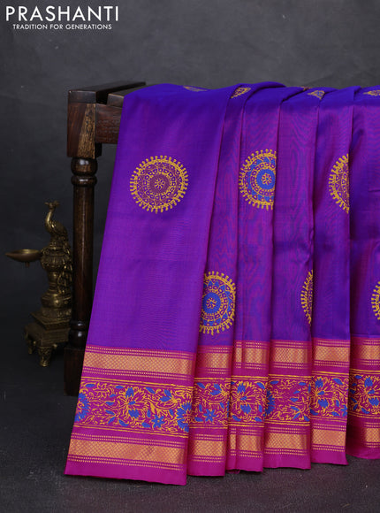 Uppada block printed silk saree purple and pink with butta prints and zari woven printed border