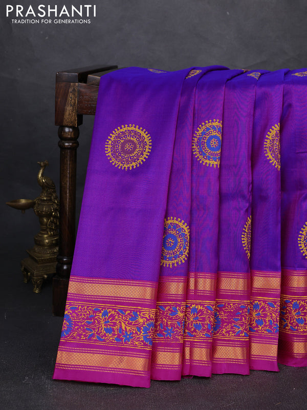 Uppada block printed silk saree purple and pink with butta prints and zari woven printed border