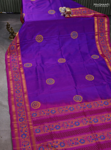 Uppada block printed silk saree purple and pink with butta prints and zari woven printed border
