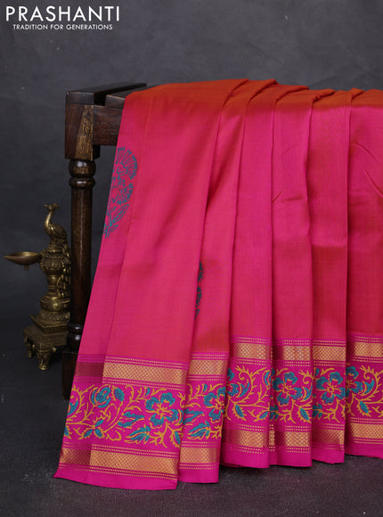 Uppada block printed silk saree dual shade of pinkish orange and pink with butta prints and zari woven printed border