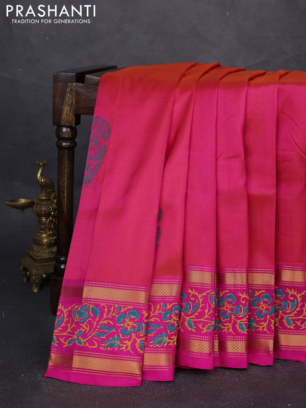 Uppada block printed silk saree dual shade of pinkish orange and pink with butta prints and zari woven printed border