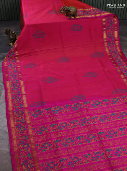 Uppada block printed silk saree dual shade of pinkish orange and pink with butta prints and zari woven printed border