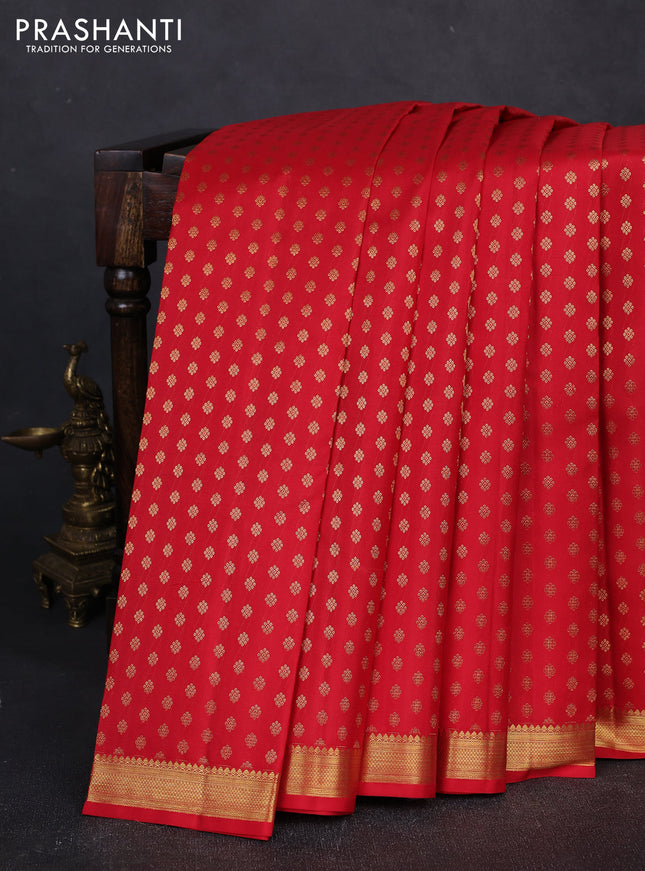 Pure kanchipuram silk saree red with allver zari woven 1000 buttas and small zari woven border