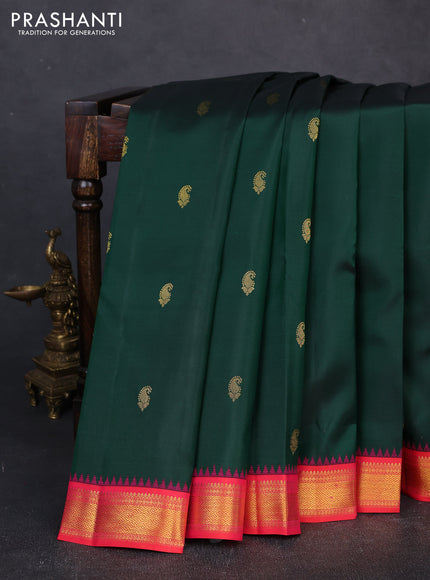Pure kanchipuram silk saree bottle green and red with zari woven buttas and small zari woven border