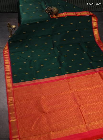 Pure kanchipuram silk saree bottle green and red with zari woven buttas and small zari woven border