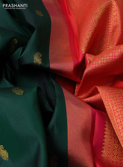Pure kanchipuram silk saree bottle green and red with zari woven buttas and small zari woven border