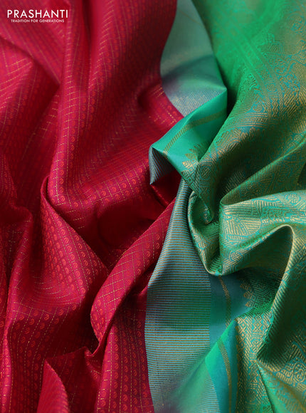 Pure kanchipuram silk saree pink and teal green with allover zari checks & self emboss and zari woven border