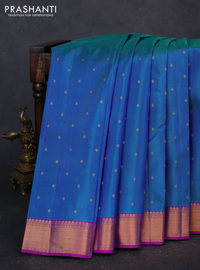 Pure kanchipuram silk saree blue and pink with allover zari woven buttas and zari woven border