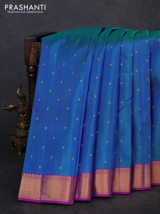 Pure kanchipuram silk saree blue and pink with allover zari woven buttas and zari woven border