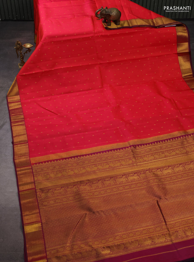 Pure kanchipuram silk saree red and magenta pink with allover zari woven buttas and zari woven border