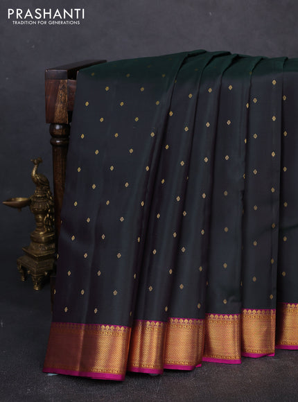 Pure kanchipuram silk saree bottle green and pink with allover zari woven buttas and zari woven border