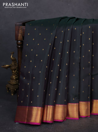 Pure kanchipuram silk saree bottle green and pink with allover zari woven buttas and zari woven border